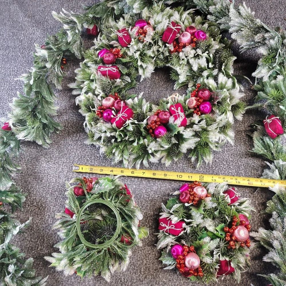 Vintage Christmas Decor Set Pink Green Frosted Garland Wreath Candle decor